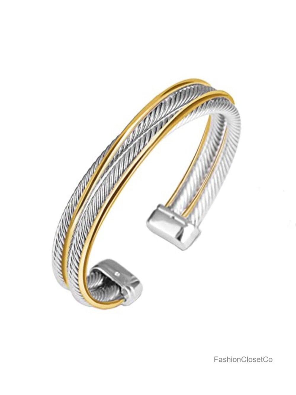 Two Tone Twisted Cable Wire Cuff Bangle Bracelet, Allergy Free